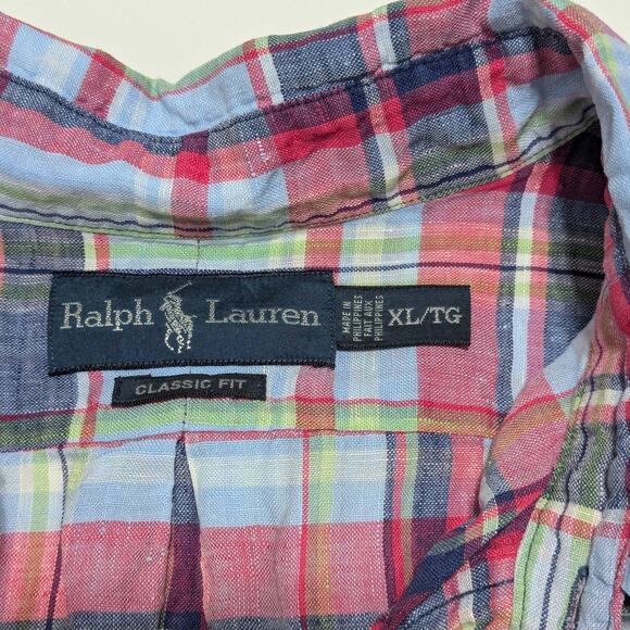 Vintage Ralph Lauren Linen Button Down Plaid Shirt Short Sleeve Collared X-Large - Picture 5 of 5